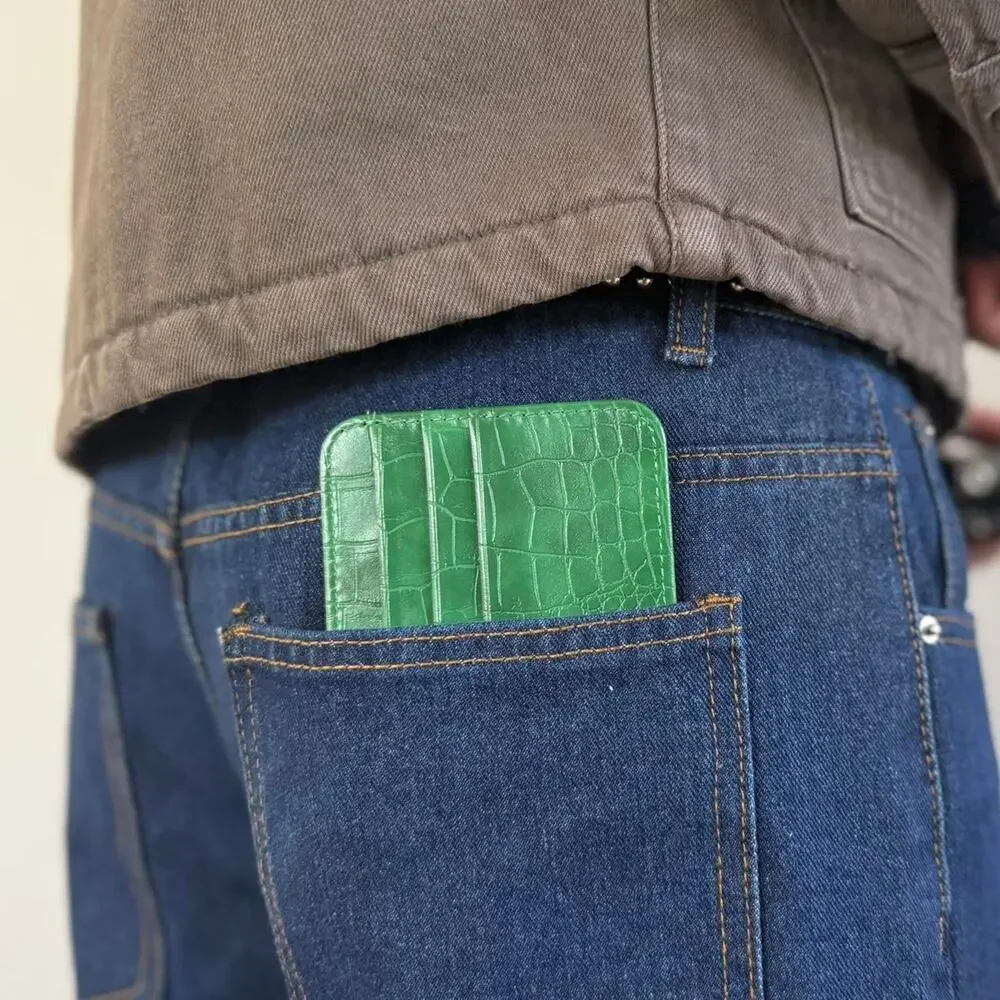 green vintage crocodile print both sided card holder